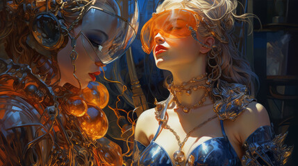 Futuristic fantasy art. Modern erotic art. Two women together with futuristic outfits and sun visors, erotic fantasy art style. - obrazy, fototapety, plakaty