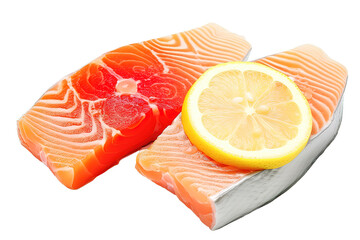 Salmon Steak with lemon slices isolated on PNG Background. Generative Ai.