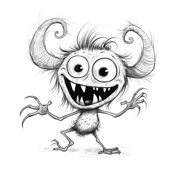 Sketch of cute scribble monster or doodle fantasy alien. Hand drawn sketched character