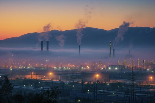 The industrial park at dawn symbolizes economic resurgence in the sector.