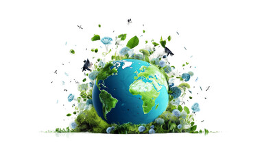 Globe Enveloped by Symbols of Environmental Awareness Isolated on Transparent Background PNG.