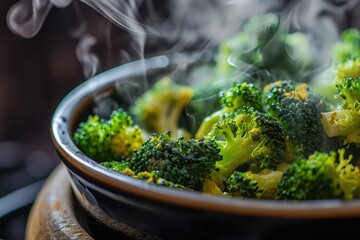 Steamed broccoli on white restaurant plate isolated. Green asparagus cabbage cooked on steam - obrazy, fototapety, plakaty