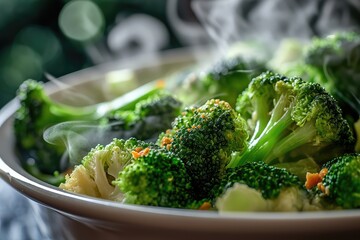 Steamed broccoli on white restaurant plate isolated. Green asparagus cabbage cooked on steam