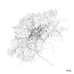 Braga city map with roads and streets, Portugal. Vector outline illustration.