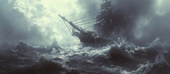 Perilous Journey: Ship Battling Through a Violent Storm at Sea - obrazy, fototapety, plakaty