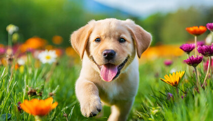 A dog labrador retriever puppy with a happy face runs through the colorful lush spring green grass
