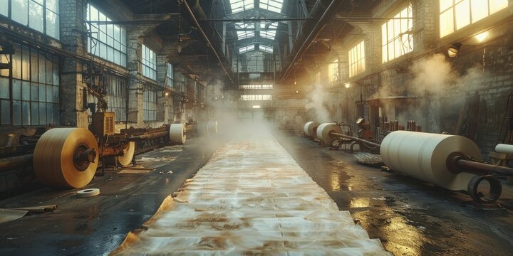 The paper mill chronicles the scent of fresh paper as pulp transforms into sheets amid a continuous flow of rollers.