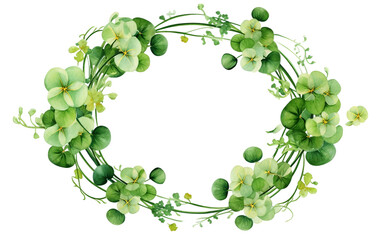 Flourishing Green Clover Wreath with Ribbons and Flowers Isolated on Transparent Background PNG.