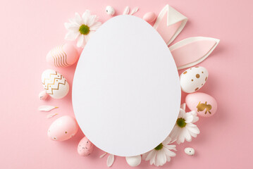 Springtime charm concept: Overhead shot of pastel-dyed eggs and gentle daisy petals on a soft pink...