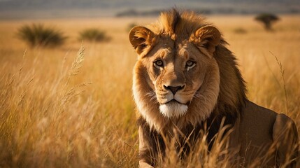 Lion relax in the meadow before sunset