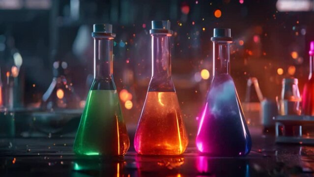Fantasy laboratory glassware with mysterious green, orange, and blue glowing liquids.