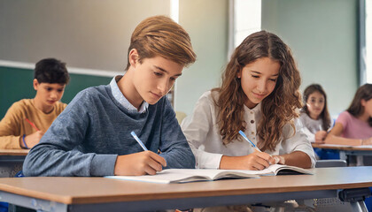 Fototapeta premium group of students in the classroom writing; students studying in classroom