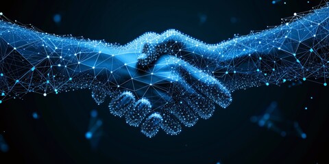 Business collaboration represented by a digital handshake between two hands on a blue tech backdrop with a 3D polygonal grid.