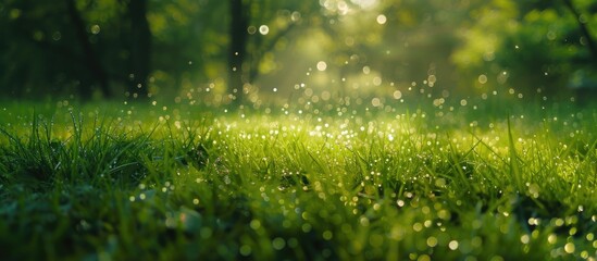 A grassy field is covered in glistening water droplets, creating a shimmering effect under the morning sunlight. The dew enhances the vibrant green color of the grass, adding a fresh and rejuvenating