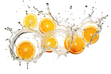 Fresh oranges in splashing water isolated on PNG Background. Generative Ai.