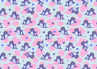 Seamless pattern with  cute narwhal . Sea animal. Marine life objects vector cartoon   illustration. Children textile, print.