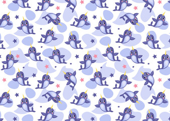 Seamless pattern with  cute narwhal . Sea animal. Marine life objects vector cartoon doodle  illustration.