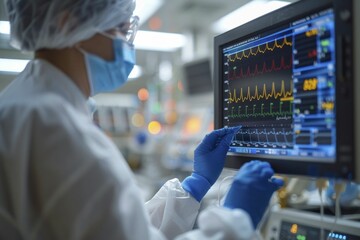 Heartbeat Monitor Technicians track industrial system health, screens display machinery's pulse chart for life force.