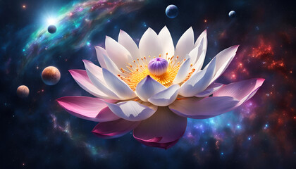 Lotus Blüte geöffnet Blume Erkenntnis weiß glänzend vor Hintergrund Universum leuchtender Sterne Galaxien Lilie Wasser Spirituelle Erkenntnis neue Erde Erwachen Achtsamkeit Erleuchtung Buddha 