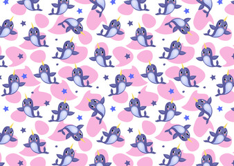 Seamless pattern with  cute narwhal . Sea animal. Marine life objects vector cartoon doodle  illustration.