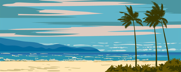 Exotic Tropical landscape beach resort, paradise island, palms, ocean, sea banner