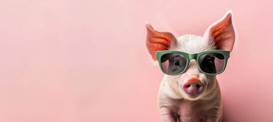 Funny pig wearing sunglasses on pastel color background with copy space for text placement