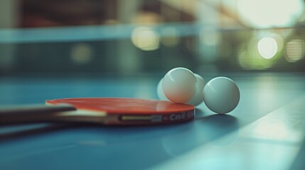 Table tennis table on background, paddles and tennis balls - obrazy, fototapety, plakaty