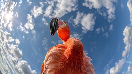 Bottom view of a flamingo against the sky. An unusual look at animals. Animal looking at camera