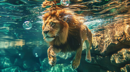lion swim and diving in water at zoo
