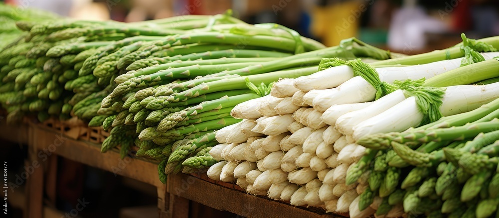 Wall mural A variety of fresh green and white asparagus are neatly arranged on a table at an organic fruit market stall. The vibrant colors and textures of the vegetables make for a visually appealing display.