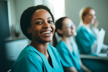 Obraz premium Portrait of happy young nurse in uniform with healthcare team in background. Successful team of doctor and nurses smiling. Beautiful and satisfied healthcare worker in private clinic looking at camera