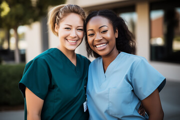 Two smiling nurses outdoors by a hospital, representing a friendly and collaborative healthcare team.