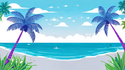 Fototapeta na wymiar Frame Illustration of a vibrant tropical beach with blue palm trees, clear turquoise water, white sand, and a bright sky with fluffy clouds.