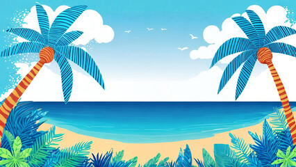 Fototapeta na wymiar Illustration of a tropical beach scene framed by palm trees with a clear blue sky and fluffy clouds overhead.