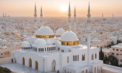 modern white mosque with a flat roof islamic background, pastel gold colours in a futuristic city...