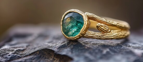 Fototapeta premium A gold ring with a green stone, a natural material, sits atop a rock. This body jewelry can be used as a pre-engagement or wedding ring, adding a pop of electric blue to your fashion.