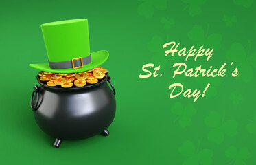 St. Patrick Day background. Green top hat and pot of gold coins on green background. 3d-rendering
