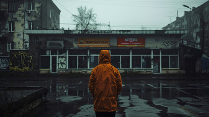 man wearing orange raincoat with abandoned city