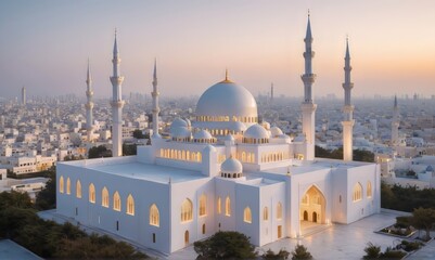 white islamic background, modern mosque with a flat roof pastel gold colours in a futuristic city...