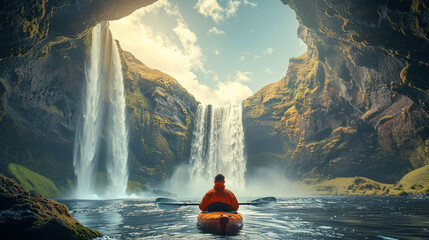 beautiful scenery man kayak with waterfall  - obrazy, fototapety, plakaty