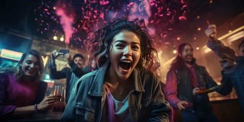 Enthusiastic group of companions cheering for triumph of young Asian woman in virtual game as they stand by her in contemporary gaming venue. - obrazy, fototapety, plakaty