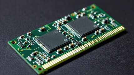 a memory chip on the SO-DIMM module. type of computer RAM. with SMD chip green memory board cover