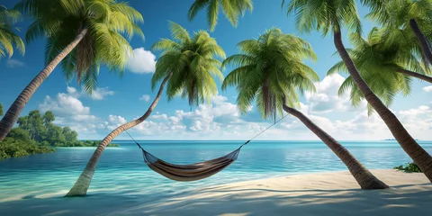 Foto op Canvas A tropical island with palm trees and a hammock © Dada635