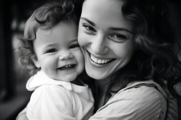 Reminiscing love, black and white photos nostalgic memories of a loving family, glimpse into the past, tender moments between a mom and her baby, heartfelt emotions