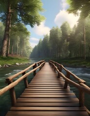 a wooden bridge that passes through the forest on the river bank. seamless looping time-lapse virtual video Animation Background. Generative AI