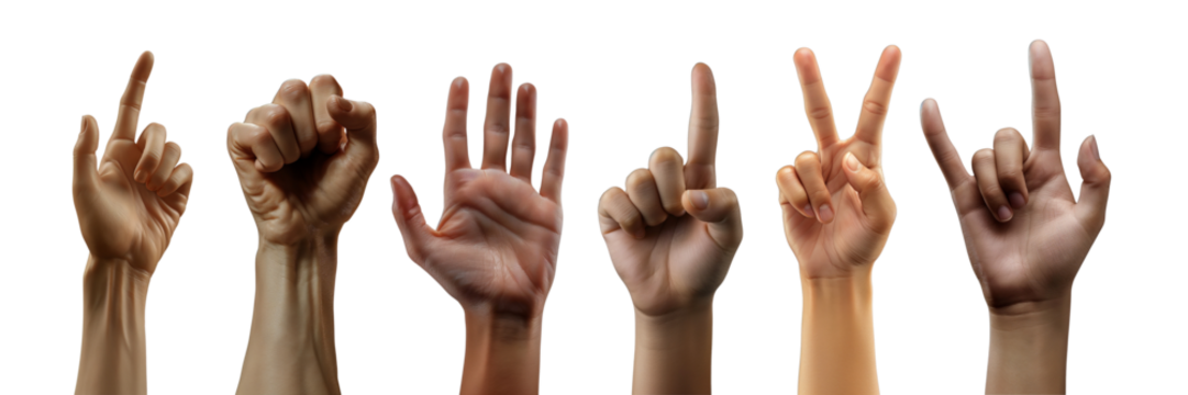  Diverse Hand Gestures Set Isolated on Transparent Background, High-Quality PNG