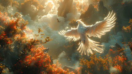 fantasy landscape with magic birds on forest background