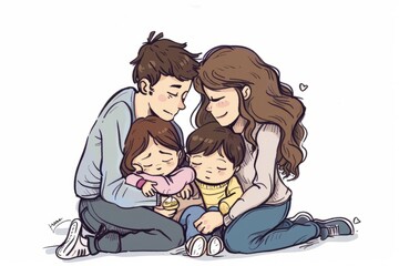 Cartoon cute doodles of parents comforting their children when they're feeling sad or scared, Generative AI