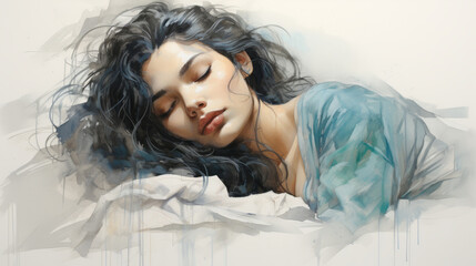 Illustration of a beautiful young girl sleeping. Closeup illustration of an attractive woman resting in bed. Portrait of a young attractive female with dark hair sleeping. - 747086141