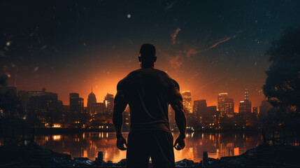 Silhouette of a muscular man standing in a city at night. Strong man with warm midnight city lights on the background.  Guy standing in front of the night town.